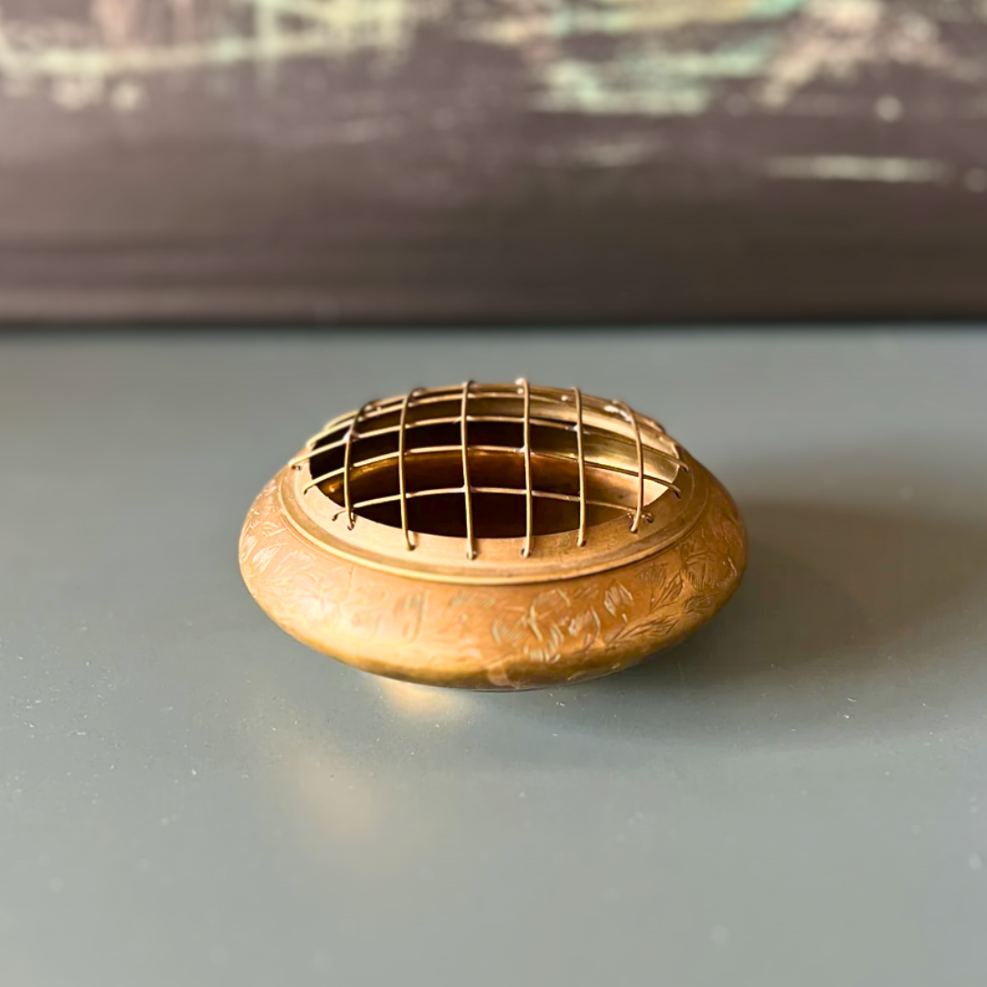 Antique Engraved Brass Catchall/ Flower Frog