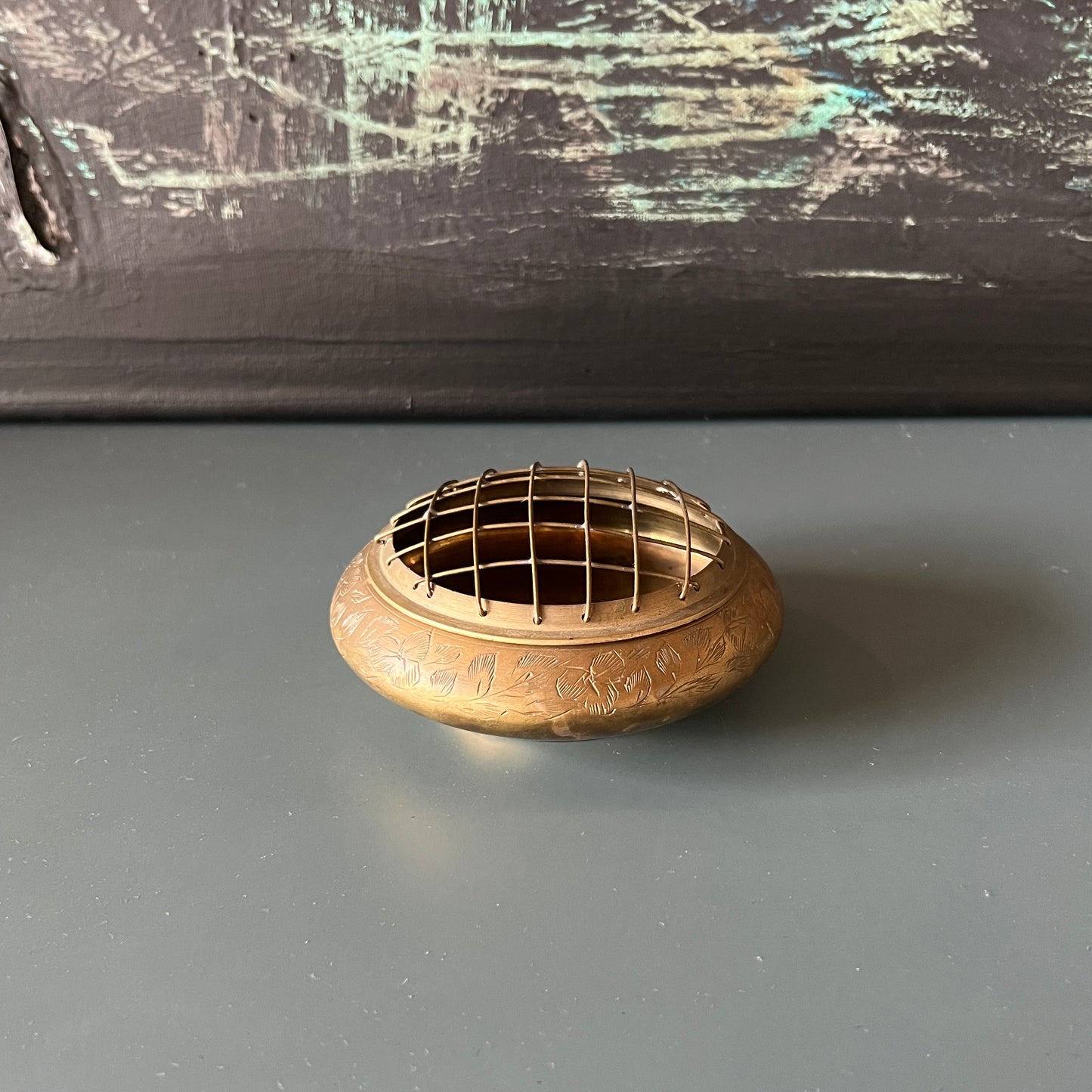 Antique Engraved Brass Catchall/ Flower Frog