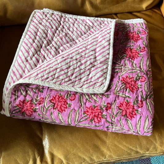 Pink Floral Authentic African Kantha Quilt